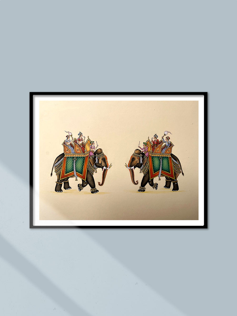 Shop King and Queen on their royal elephants in Mughal miniature by Mohan Prajapati