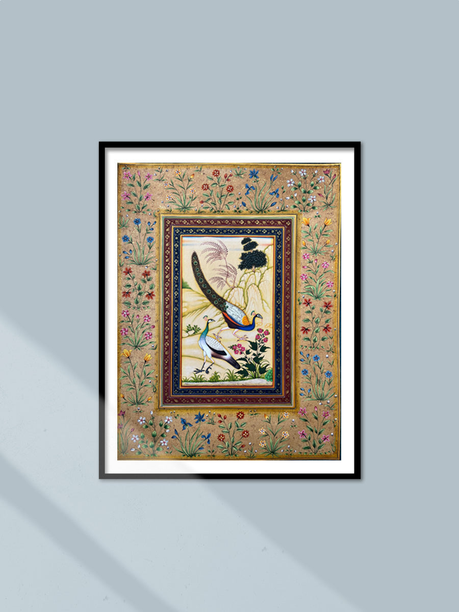 Shop Peacock pair amid landscape in Mughal miniature by Mohan Prajapati