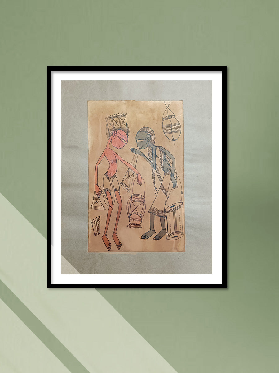 Shop Man and Woman in Santhal Pattachitra by Uttam Chitrakar