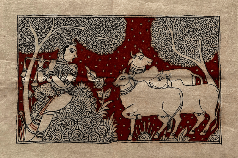 Buy Krishna with cows Kalamkari art by K Siva Reddy