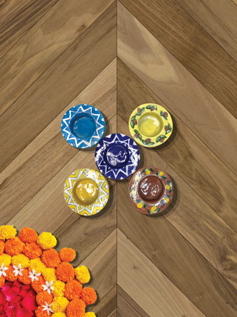 Purchase Diwali Round Tea Light Set in Blue Pottery (Set of 5)