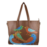 PEACOCKS MELODY, TAN LEATHER TOTE BAG