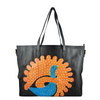 PEACOCKS MELODY, BLACK LEATHER TOTE BAG