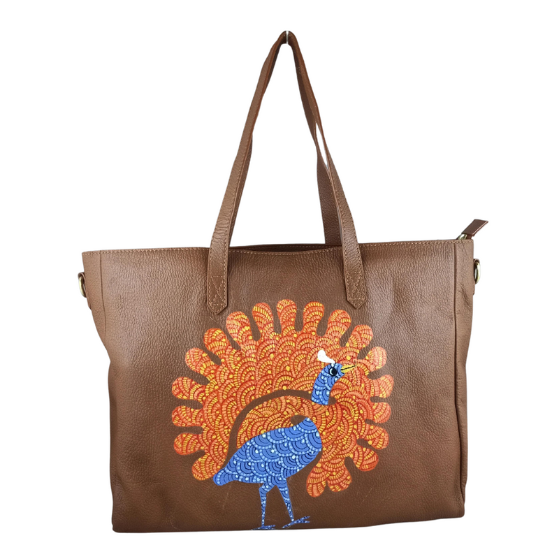 PEACOCKS MELODY, TAN LEATHER TOTE BAG