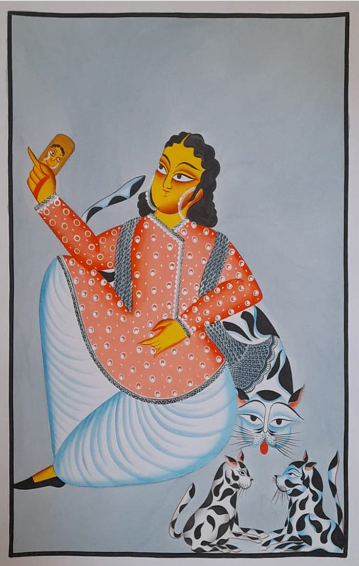 Admiring Kalighat Painting by Uttam Chitrakar