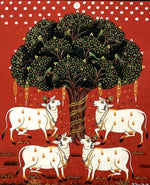 Ashwatha Tree with Cows Pichwai Painting by Dinesh Soni