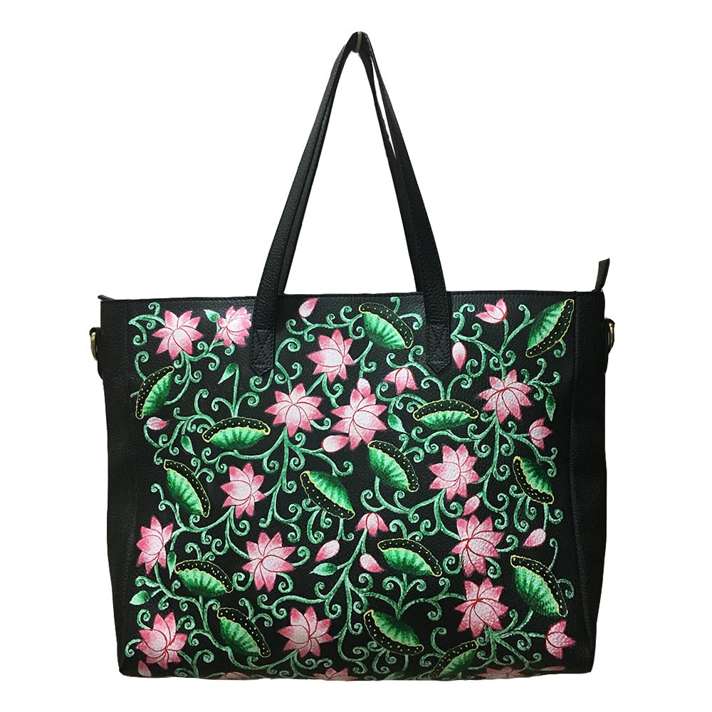 BE LIKE LOTUS, BLACK LEATHER TOTE BAG-LAPTOP BAG