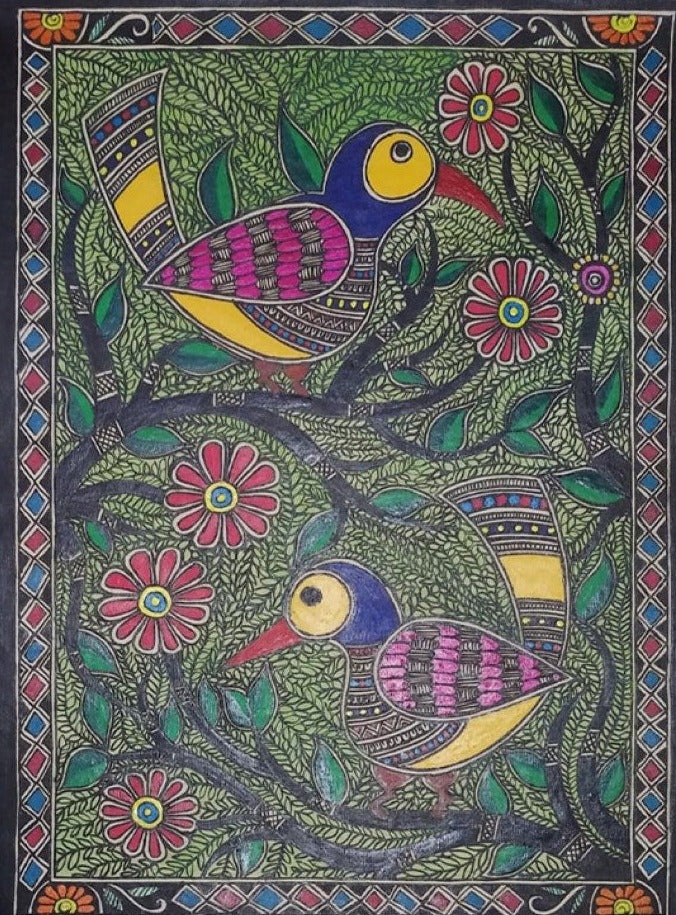 Birds in Nature Madhubani Painting by Ambika Devi Thumbnail
