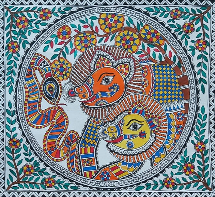 Boars and Serpent: Madhubani painting by Priti Karn Thumbnail