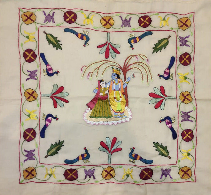 Celestial Tapestry of Radha and Krishna: Chamba Rumal Painting by Anjali Vakil