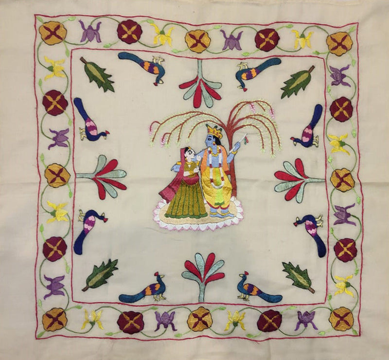 Celestial Tapestry of Radha and Krishna: Chamba Rumal Painting by Anjali Vakil
