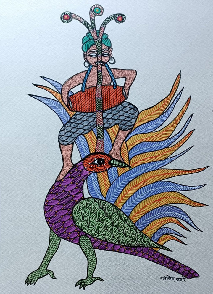 Dancing Peacock, Gond painting by Santosh Uikey Thumbnail
