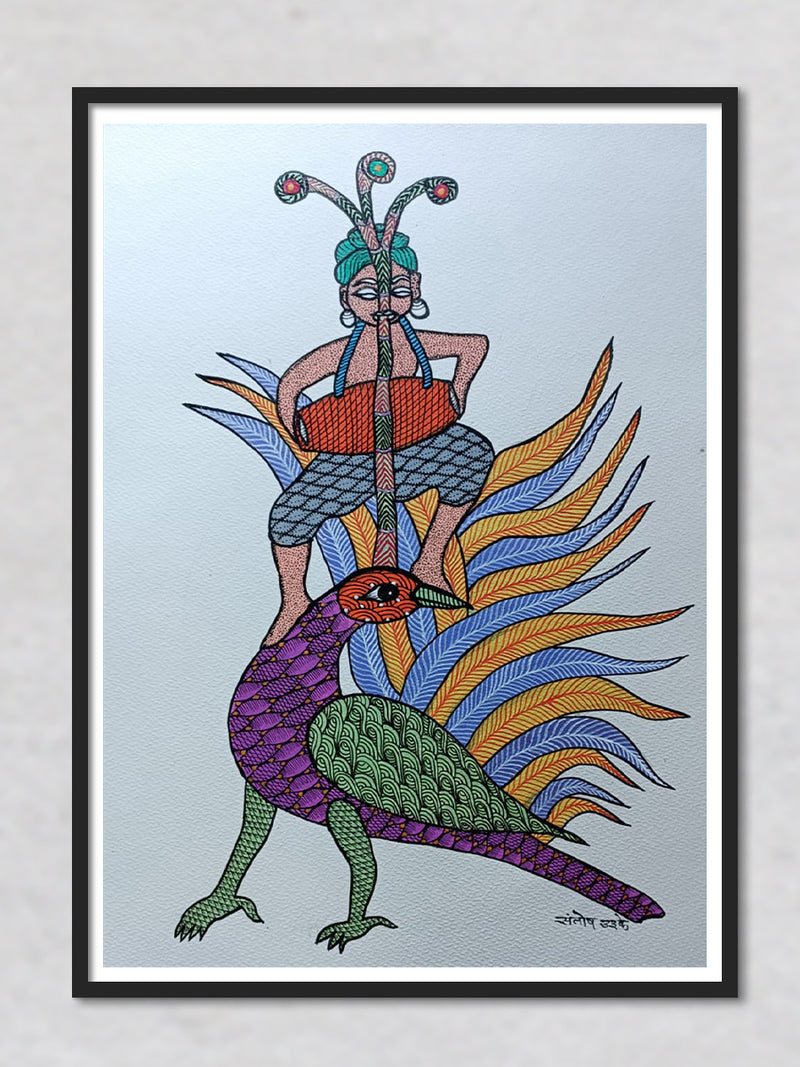 Dancing Peacock, Gond painting by Santosh Uikey