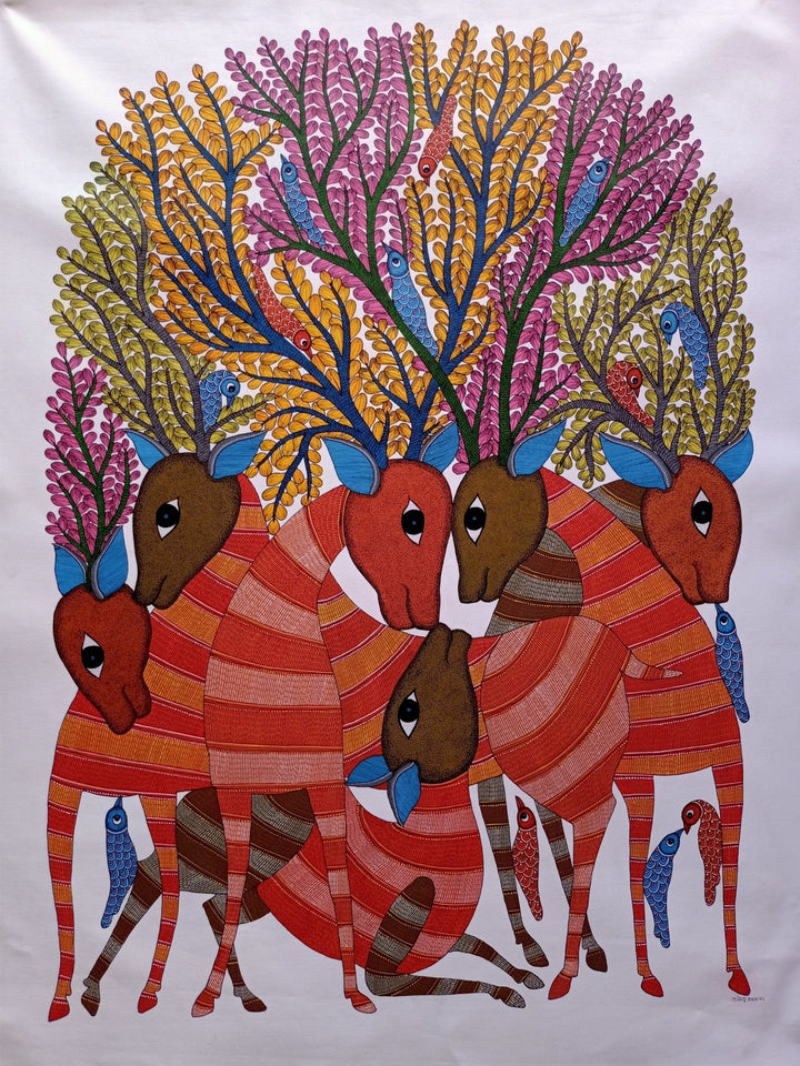 Deers Gond Painting by Rajendra Shyam Thumbnail
