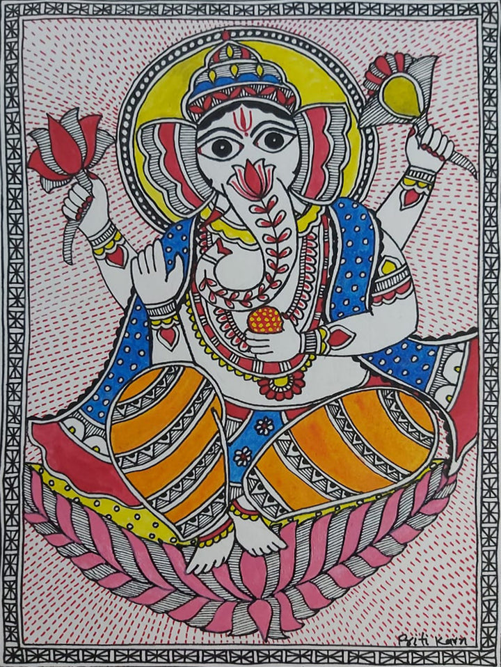 Divine Grace of Lord Ganesh: Madhubani Painting by Priti Karn Thumbnail
