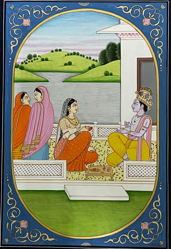 Draupadi and Krishna: Kangra Painting by Mukesh Kumar Dhiman Thumbnail