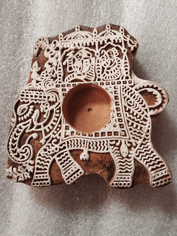 Elephant Shaped China berry Wooden Block Diya Set by Vikas Singh Thumbnail