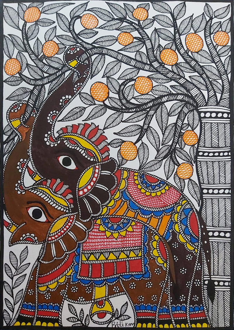 Whispers of Elephant: Madhubani artwork by Priti Karn