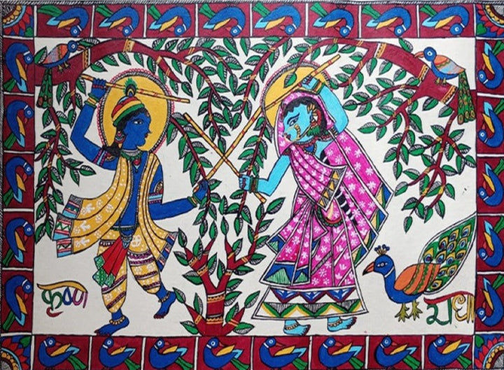 Eternal Dance of Radha and Krishna: Madhubani Painting by Priti Karn Thumbnail