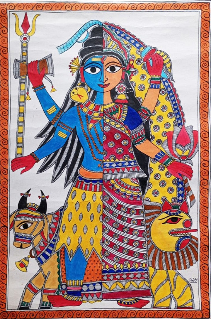 Ethereal Grace of Ardhanarishvara:Madhubani Painting by Priti Karn Thumbnail