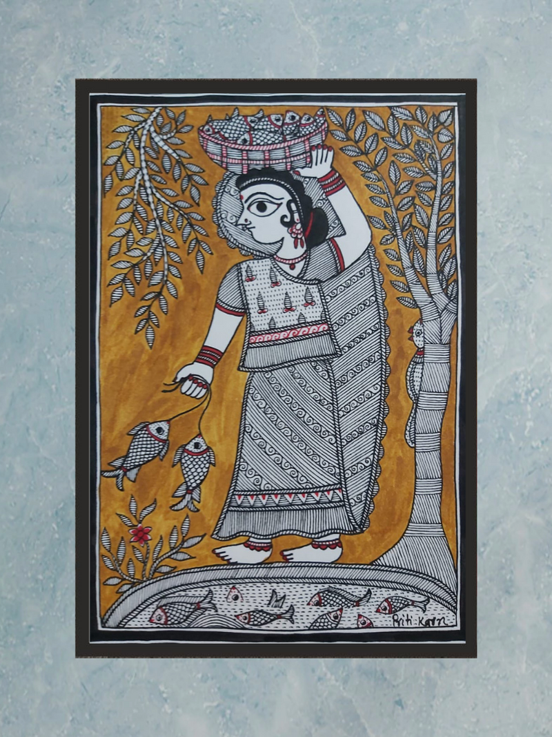 Goddess in Fishing:Madhubani painting by Priti Karn