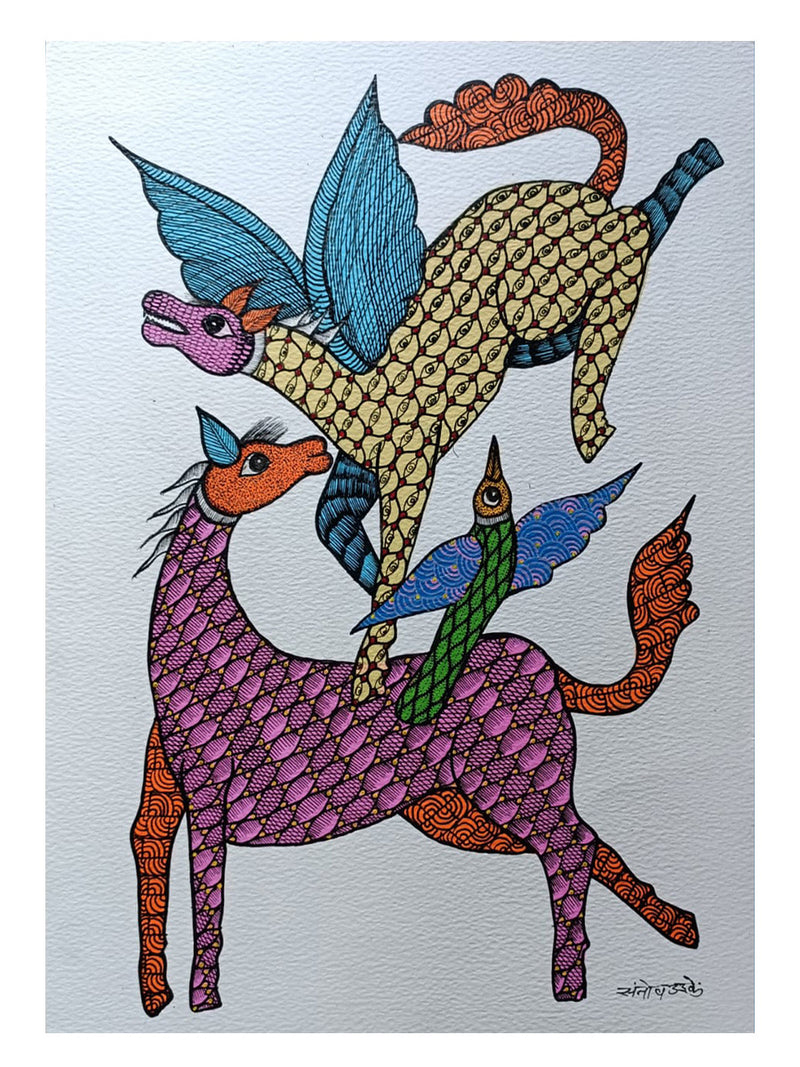 Flying Horse Transcending in Sky Gond painting by Santosh Uikey