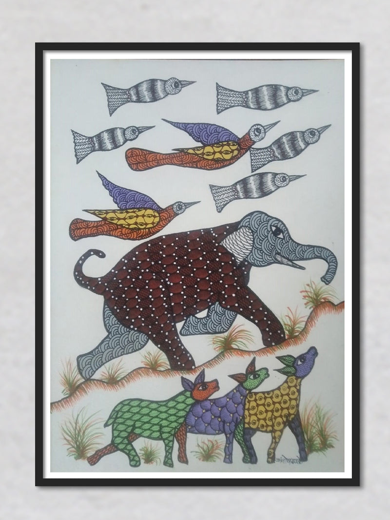 The Forest in a Rush, Gond painting by Santosh Uikey