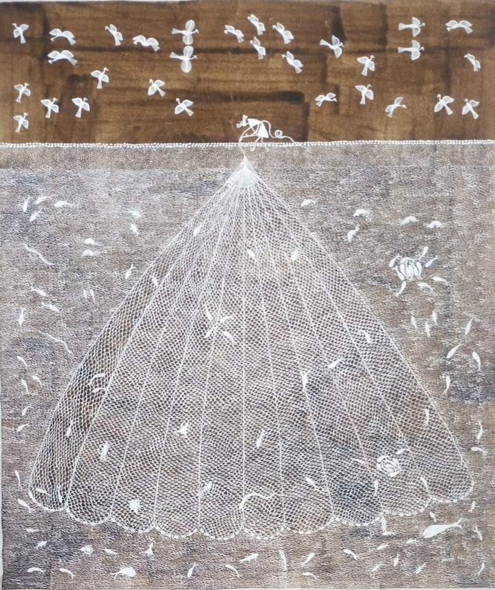 Harmony in Fishing Warli Painting by Dilip Rama Bahotha Thumbnail