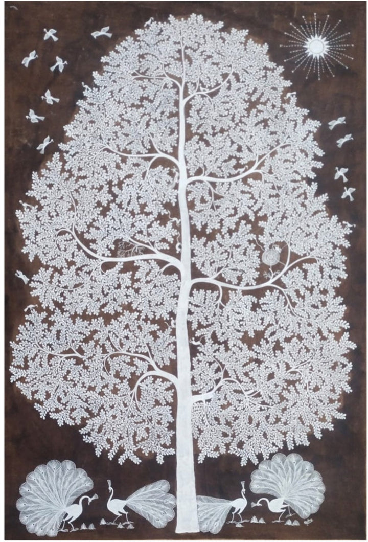 Harmony under the Sacred Tree in Warli painting by Dilip Rama Bahotha Thumbnail