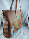 PEACOCKS MELODY, TAN LEATHER TOTE BAG