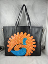 PEACOCKS MELODY, BLACK LEATHER TOTE BAG