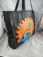 PEACOCKS MELODY, BLACK LEATHER TOTE BAG