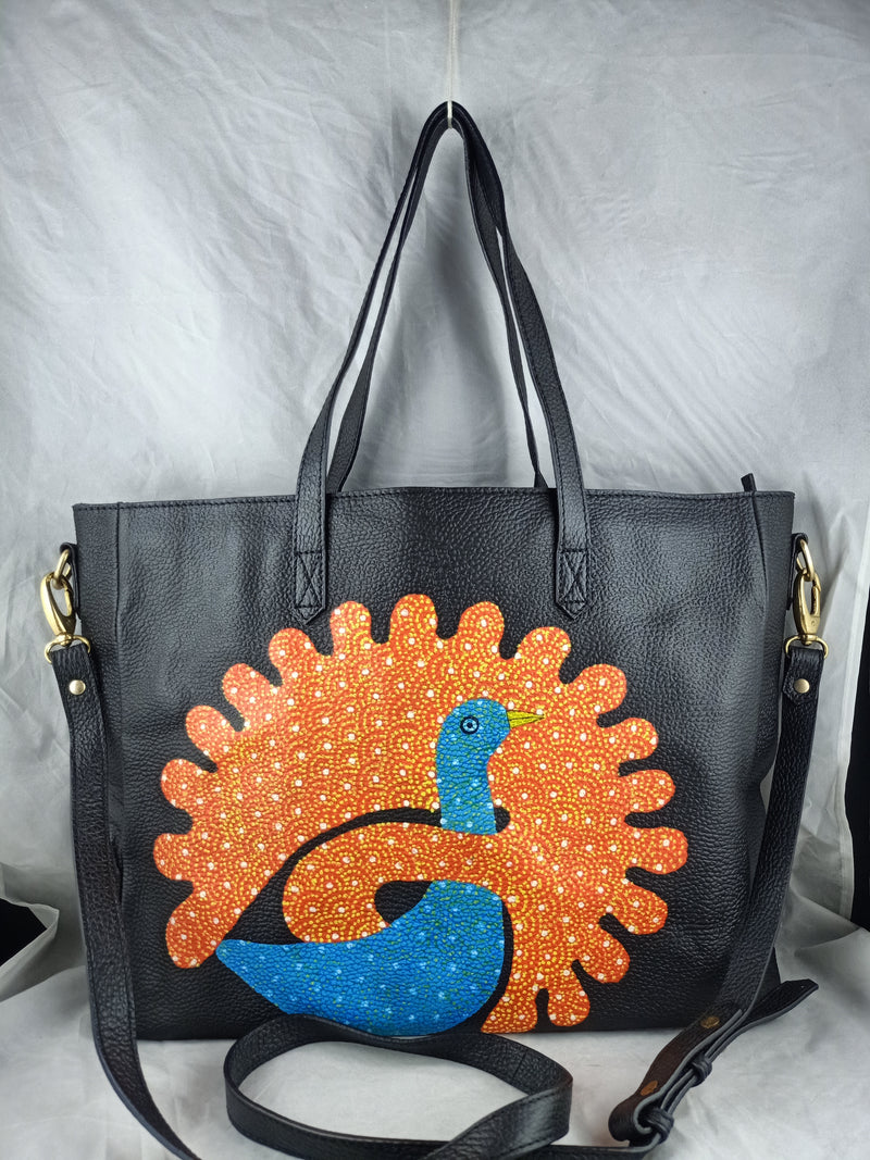 PEACOCKS MELODY, BLACK LEATHER TOTE BAG