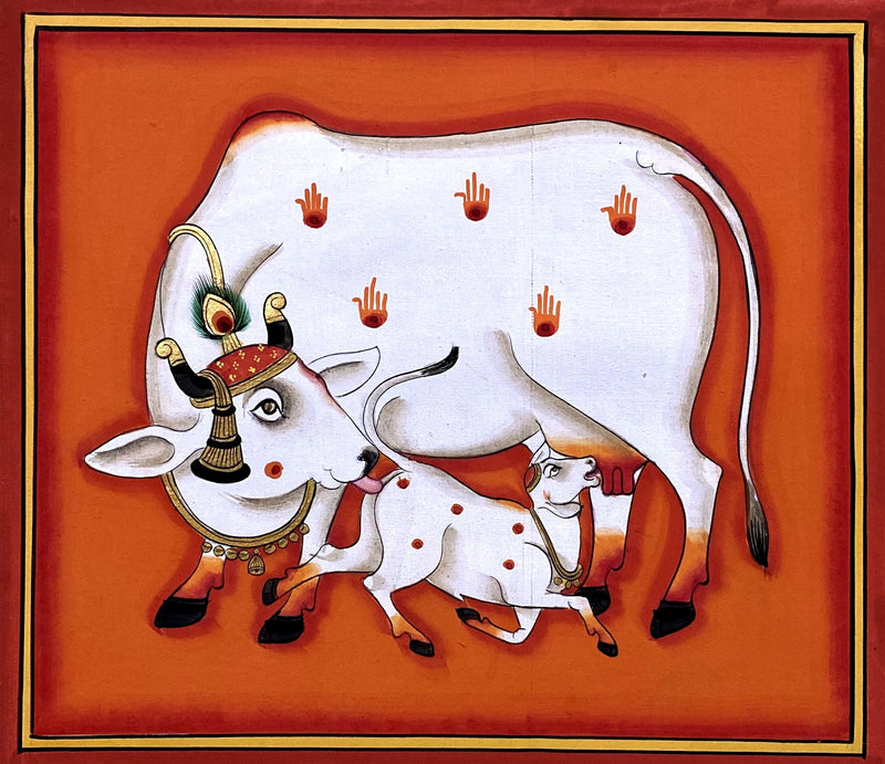 Kamadhenu and Her Calf Pichwai Painting by Dinesh Soni
