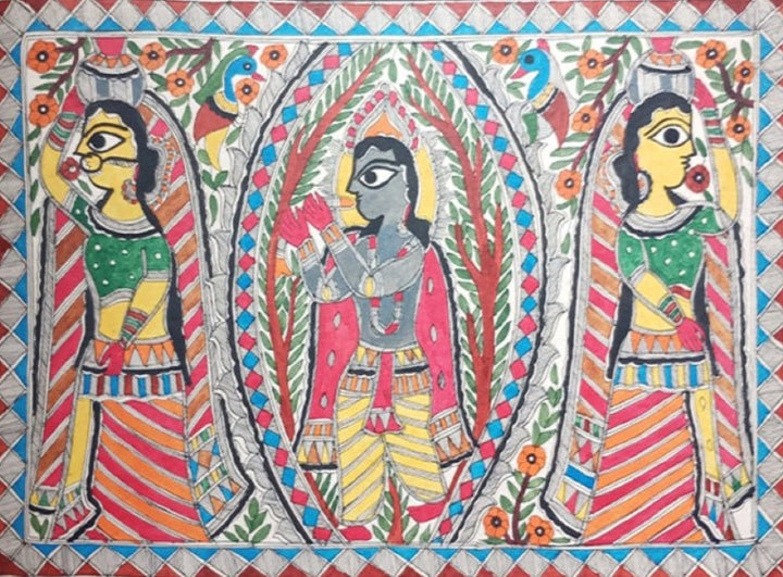 Krishna’s Serenity with Gopis: Madhubani painting by Priti Karn Thumbnail