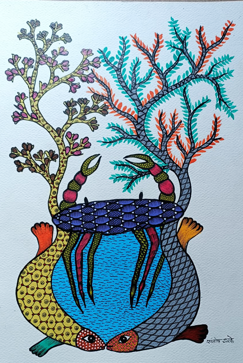 Life in Water, Gond Painting by Santosh Uikey