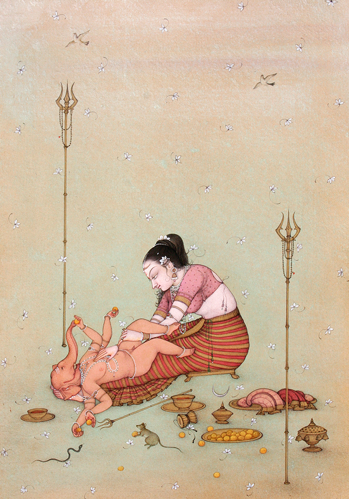 Maa Parvati and Ganesha Bikaner Art Print by Mahaveer Swami Thumbnail