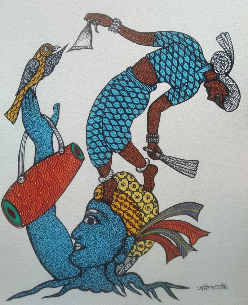 Man and Woman, Gond Painting by Santosh Uikey