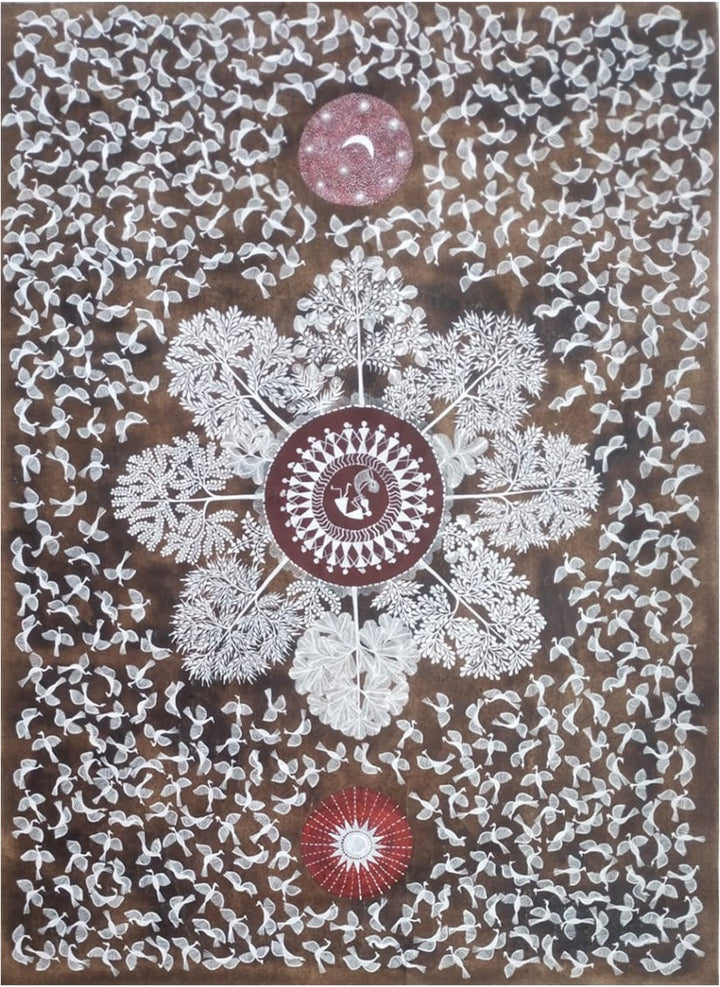 Nature amidst Sun and Moon in Warli Painting by Dilip Rama Bahotha Thumbnail