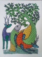 Peacock and the Deer, Gond Painting by Santosh Uikey