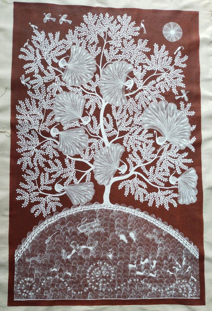 Peacocks Twirling on a Tree in Warli Painting by Dilip Rama Bahotha Thumbnail