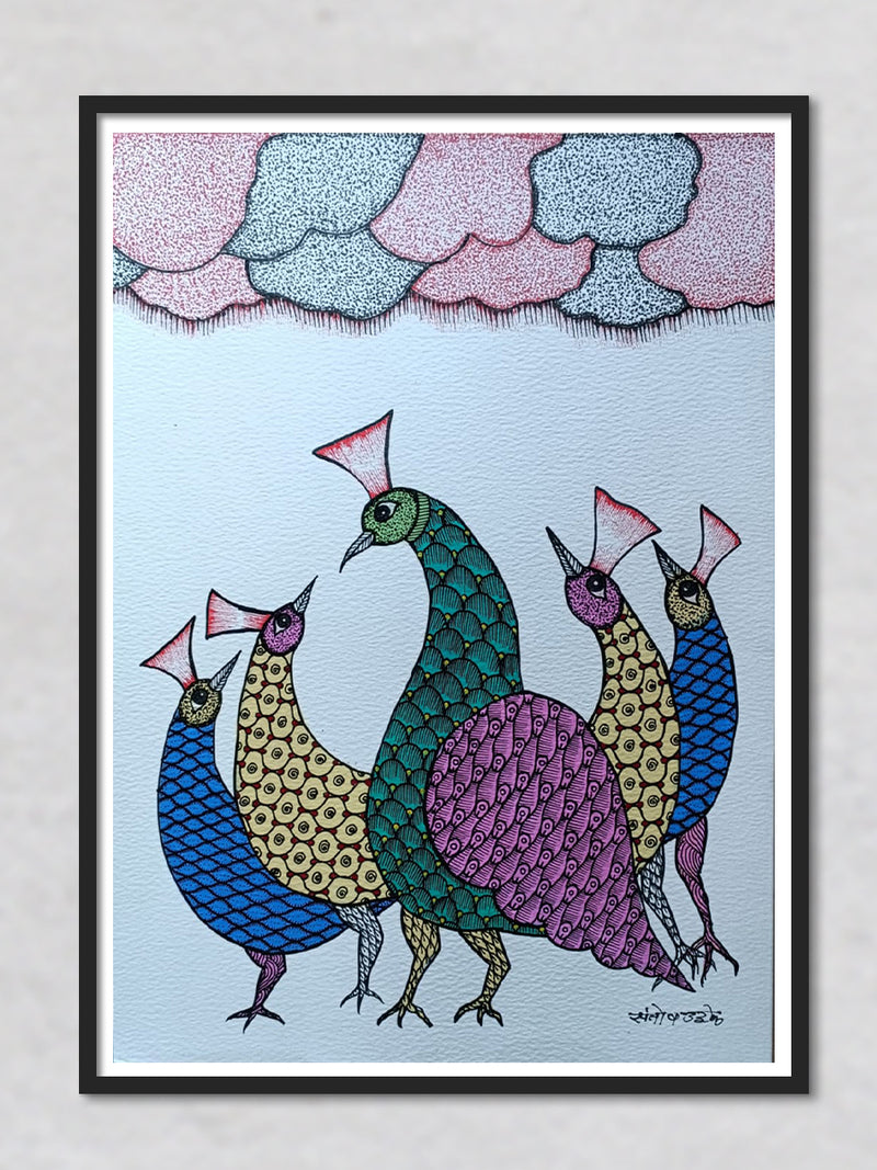 Peacocks Gond painting by Santosh Uikey
