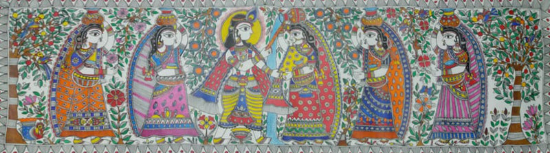 Krishna with Gopis:Madhubani painting by Priti Karn