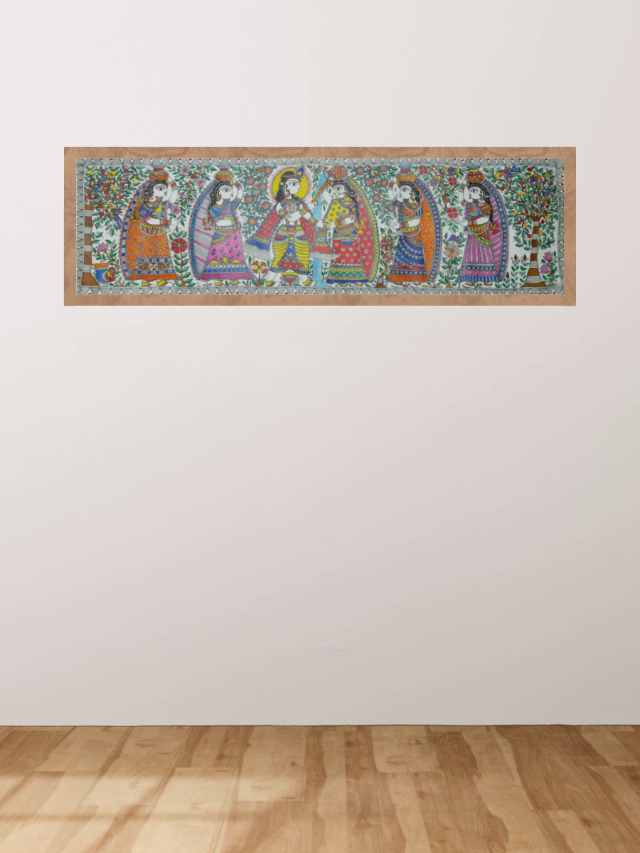 Buy Krishna with Gopis:Madhubani painting by Priti Karn – MeMeraki.com
