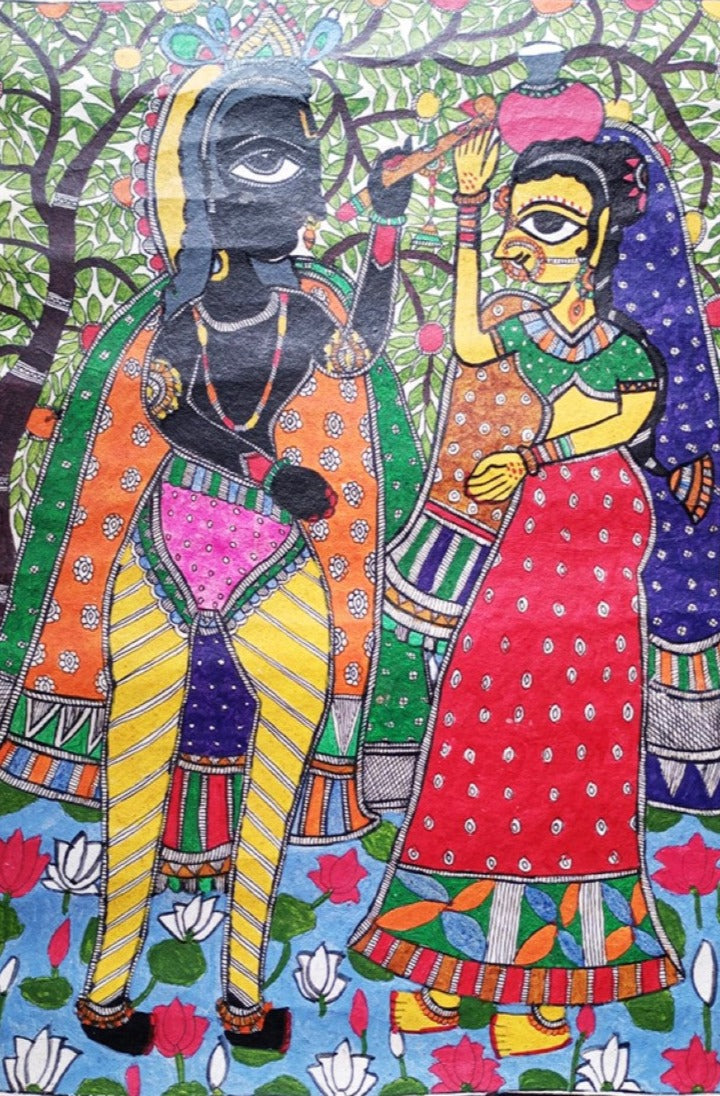 Radiance of Radha and Krishna:Madhubani painting by Priti Karn Thumbnail