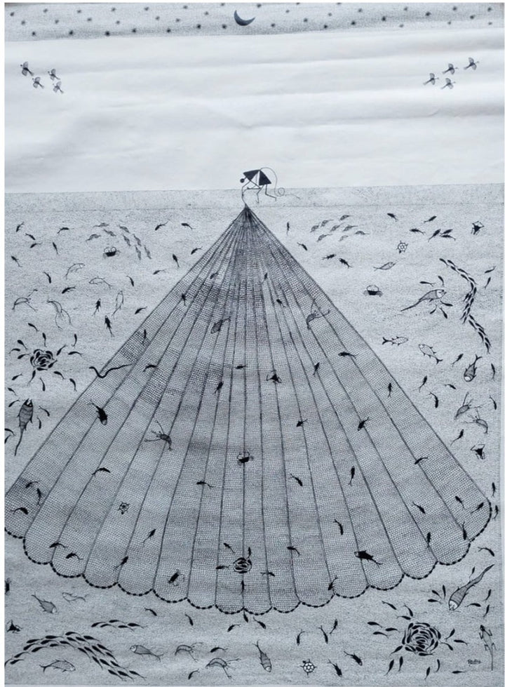 The Fisherman's Tale in Warli painting by Dilip Rama Bahotha Thumbnail