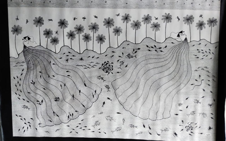 The Fishermen at Work in Warli Painting by Dilip Rama Bahotha Thumbnail
