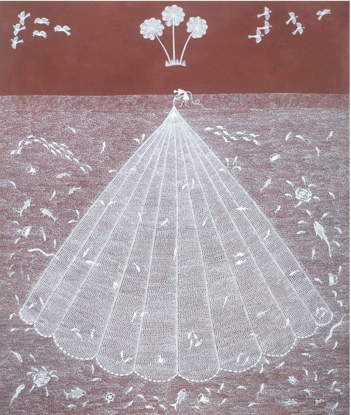 The Fishing Practice in Warli Painting by Dilip Rama Bahotha Thumbnail