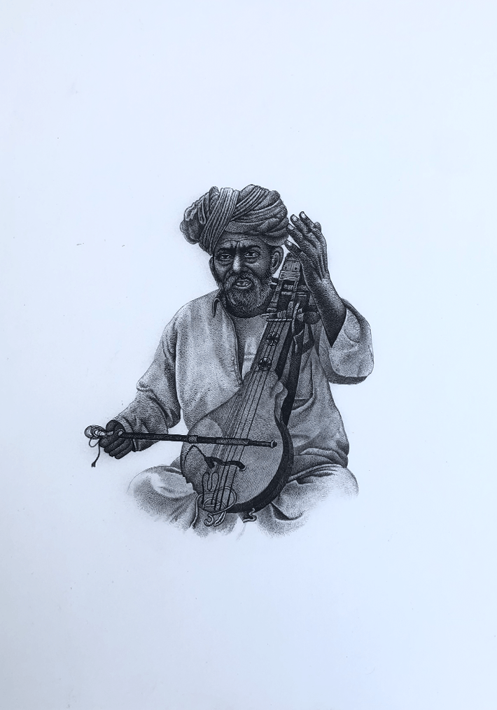 The Monochromatic Musician in Miniature Painting by Mohan Prajapati Thumbnail
