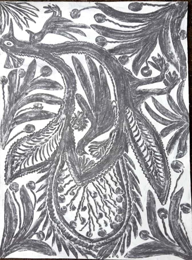The Peacock: Sohrai painting by Rukmani Devi Thumbnail